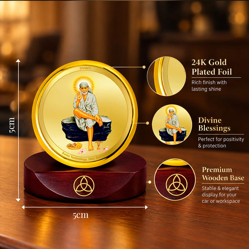 24K Gold-Plated Sai Baba Car Dashboard Frame | 5x5 CM