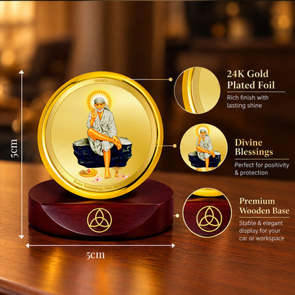 24K Gold-Plated Sai Baba Car Dashboard Frame | 5x5 CM