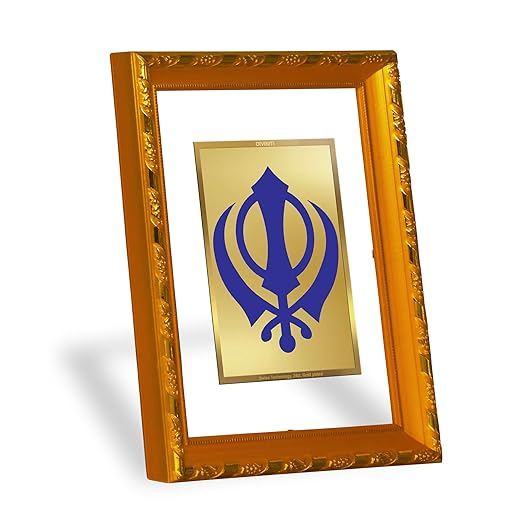 DIVINITI 24K Gold Plated Khanda Sahib Photo Frame for Puja Room, Home Wall Decor, Workshop, Table Top, Premium Gift|DG103 Size 2 (22.6x18.4 CM)