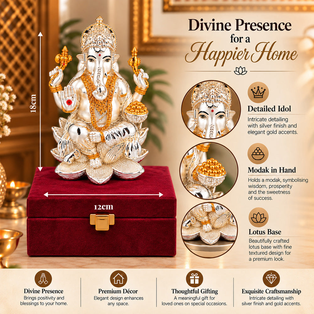 999 Silver-Plated Lord Ganesha Idol | Premium Gift Box | 18x12 CM