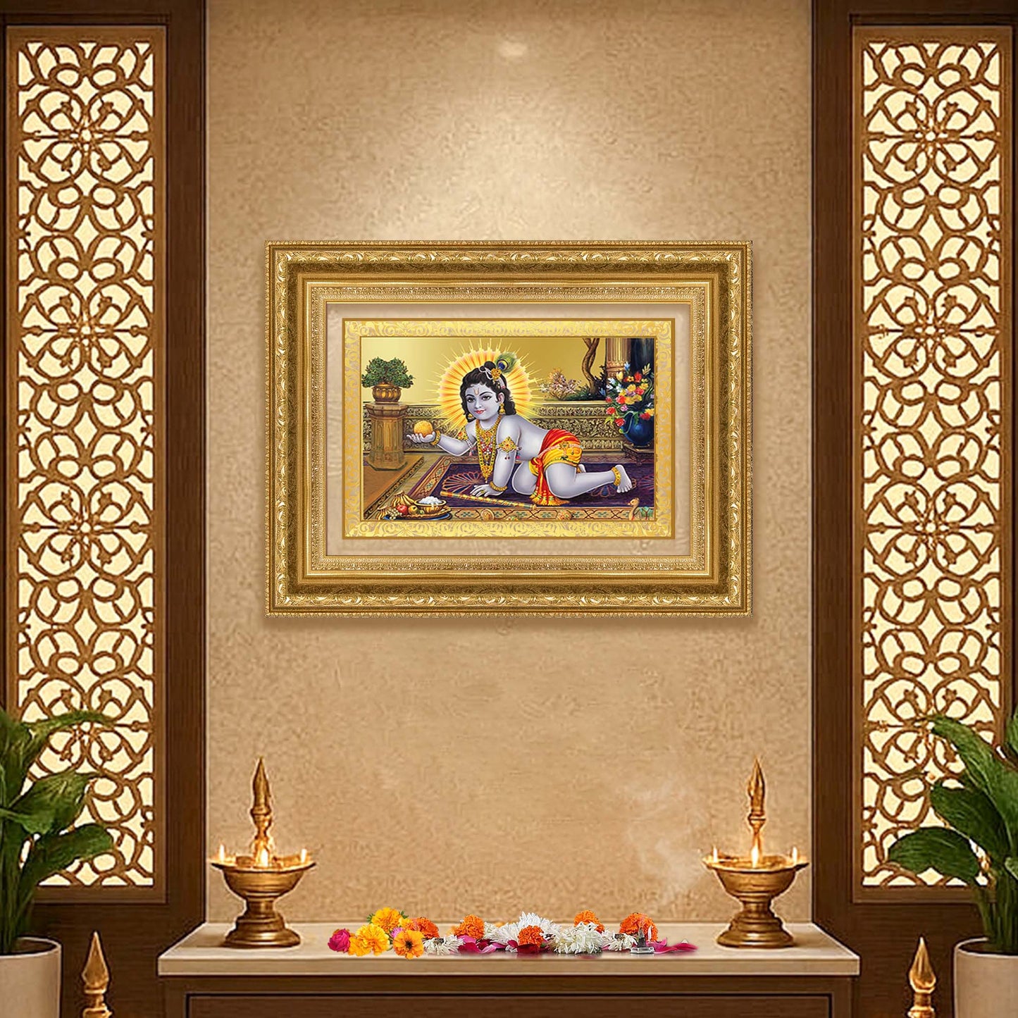 Diviniti 24K Gold Plated Laddu Gopal (Classic) Divine Wall Frame for Home Mandir & Office Decor | Luxury Spiritual Gift