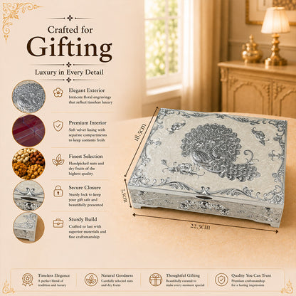 Diviniti German Silver Peacock Decorative Box 4-in-1 | Elegant White Finish Multipurpose Box with Luxury Gift Box