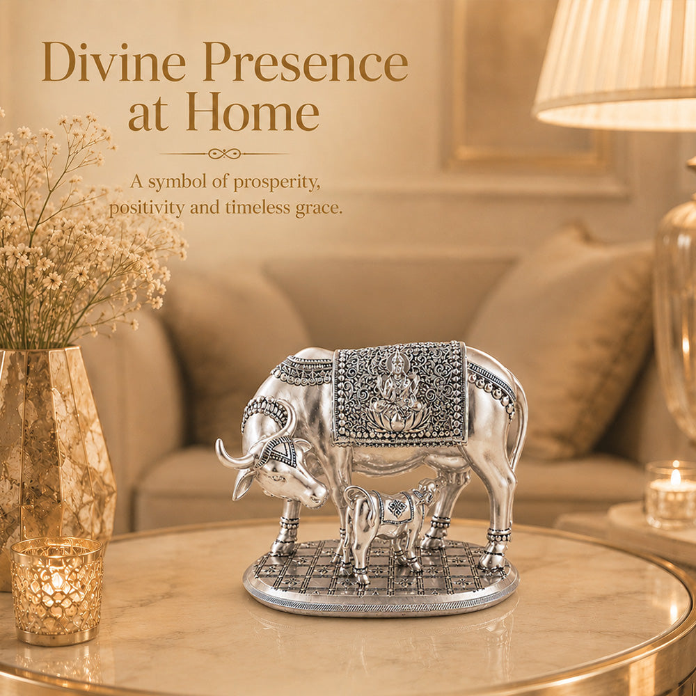 Diviniti 999 Silver Plated Kamdhenu Cow Idol with Gift Box | Antique Décor