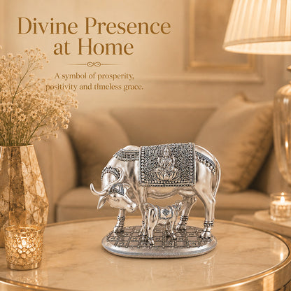 Diviniti 999 Silver Plated Kamdhenu Cow Idol with Gift Box | Antique Décor