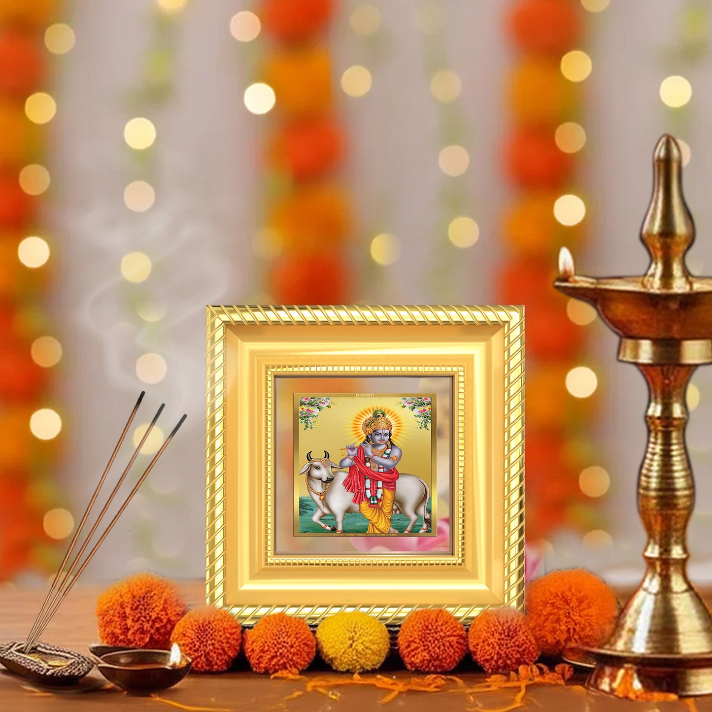Diviniti Lord Krishna with Surbhi Cow Tabletop Photo Frame in 24K Gold Plated Foil | Love, Compassion & Divine Blessings | DG015S1A (10x10 CM)