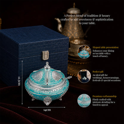 Diviniti Premium Silver-Plated Decorative Sugar Pot | Turquoise Enamel Lidded Bowl for Festive Serving & Home Décor