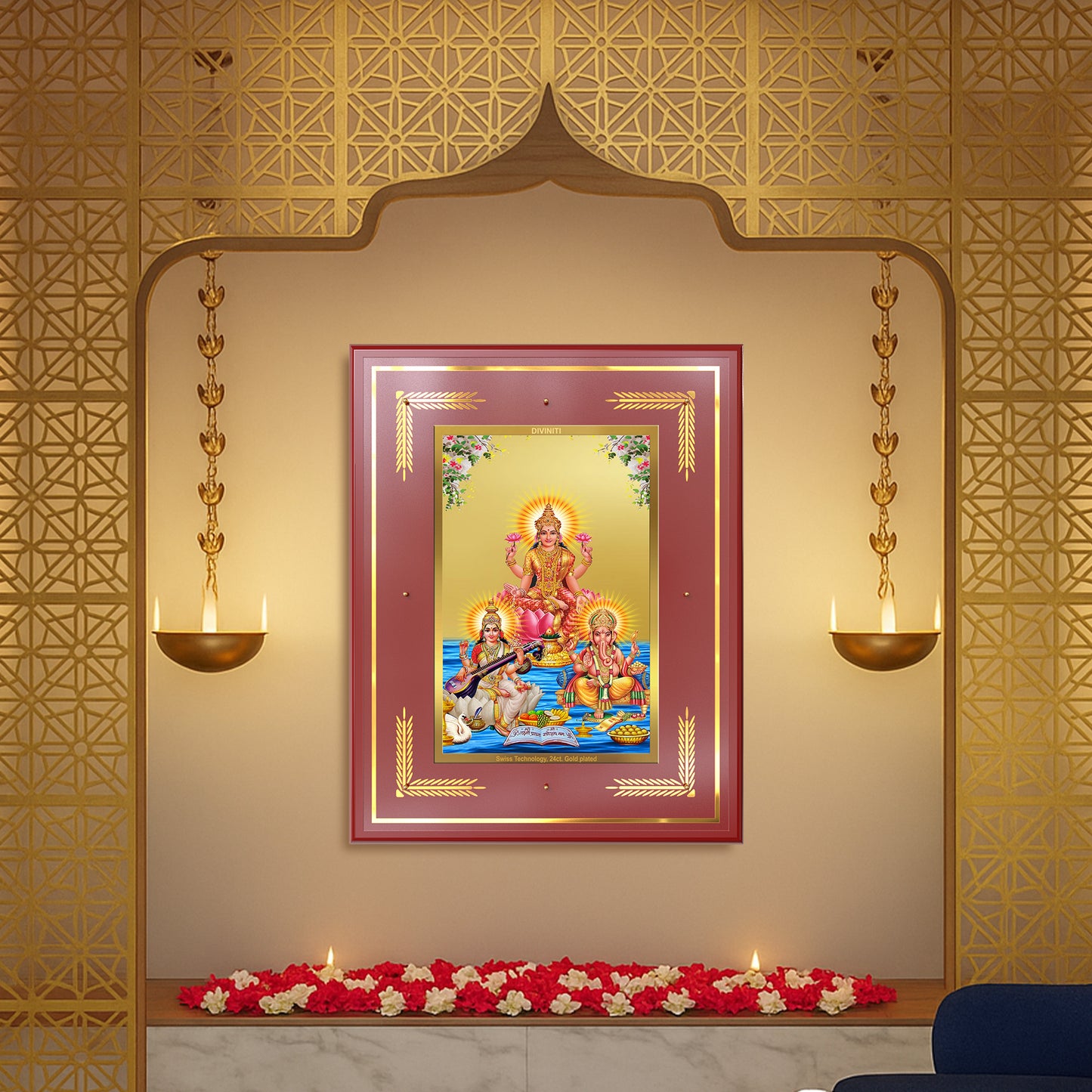 Goddess Lakshmi, Saraswati & Lord Ganesha | Divine Trio Wall Mount Photo Frame in 24K Gold Plated Foil