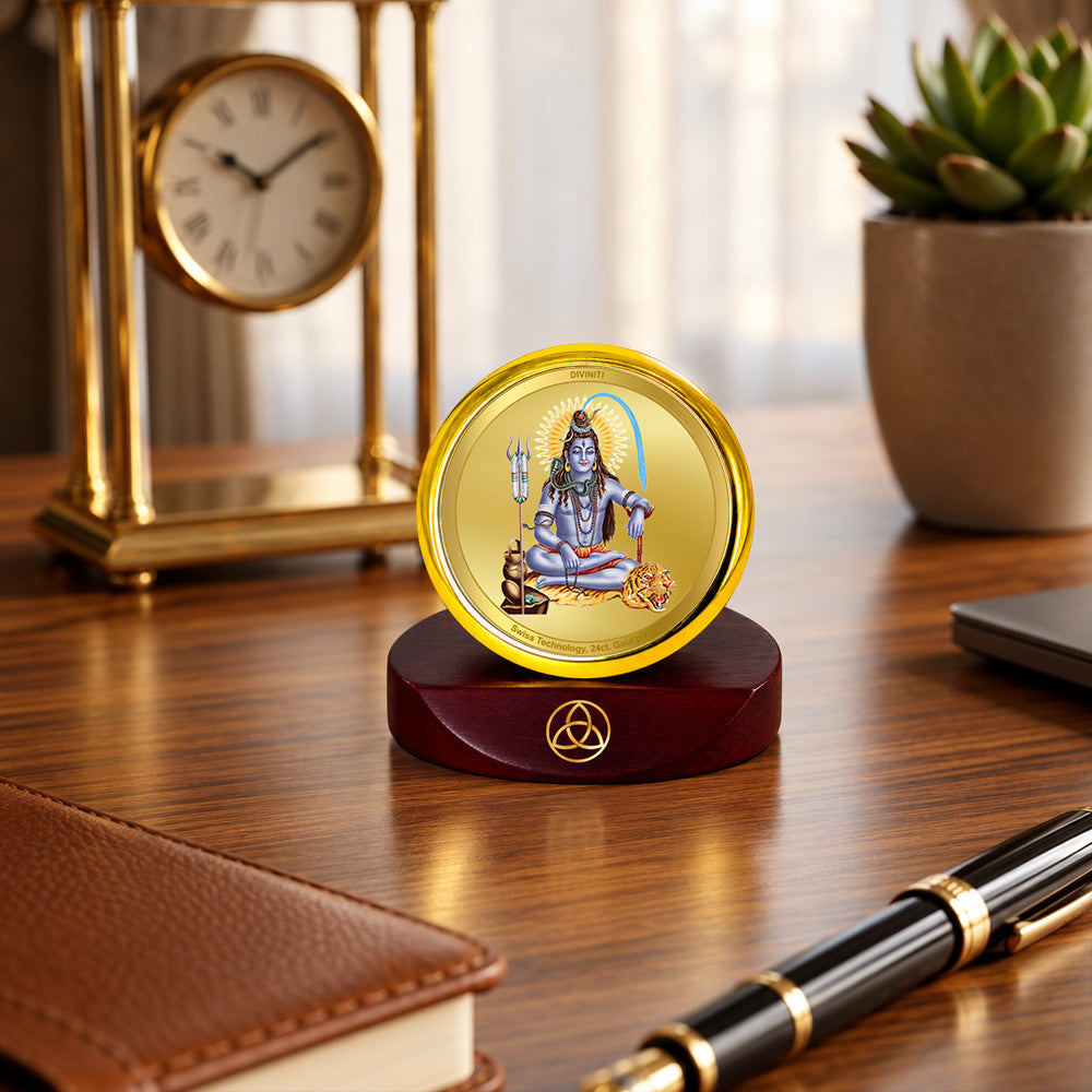 24K Gold-Plated Lord Shiva Car Dashboard Frame | 5x5 CM