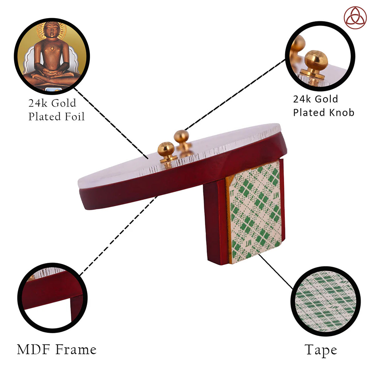 Lord Mahavira Car Dashboard & Tabletop Photo Frame showcasing 24K gold plated foil and intricate MDF design.
