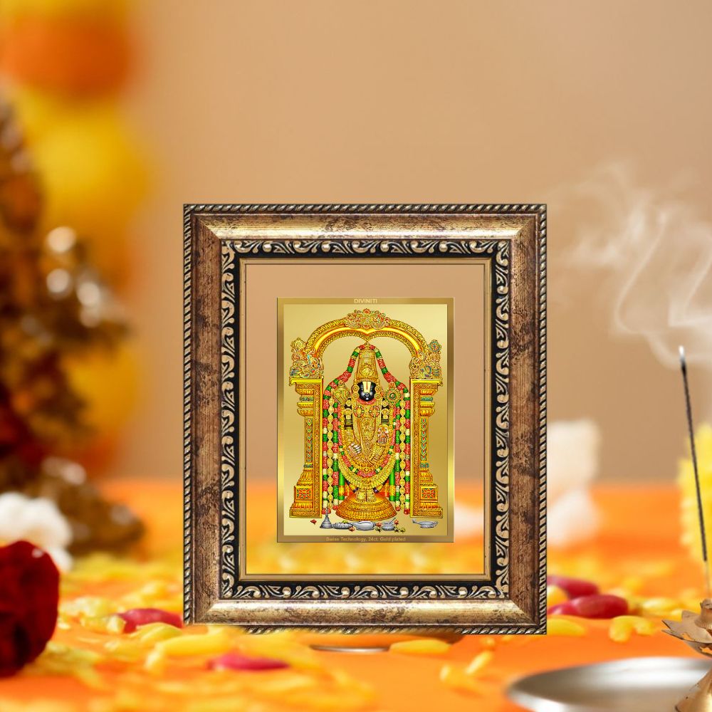Diviniti 24K Gold Plated Tirupati Balaji Divine Table Top Frame for Home Mandir & Office Decor | Luxury Spiritual Gift