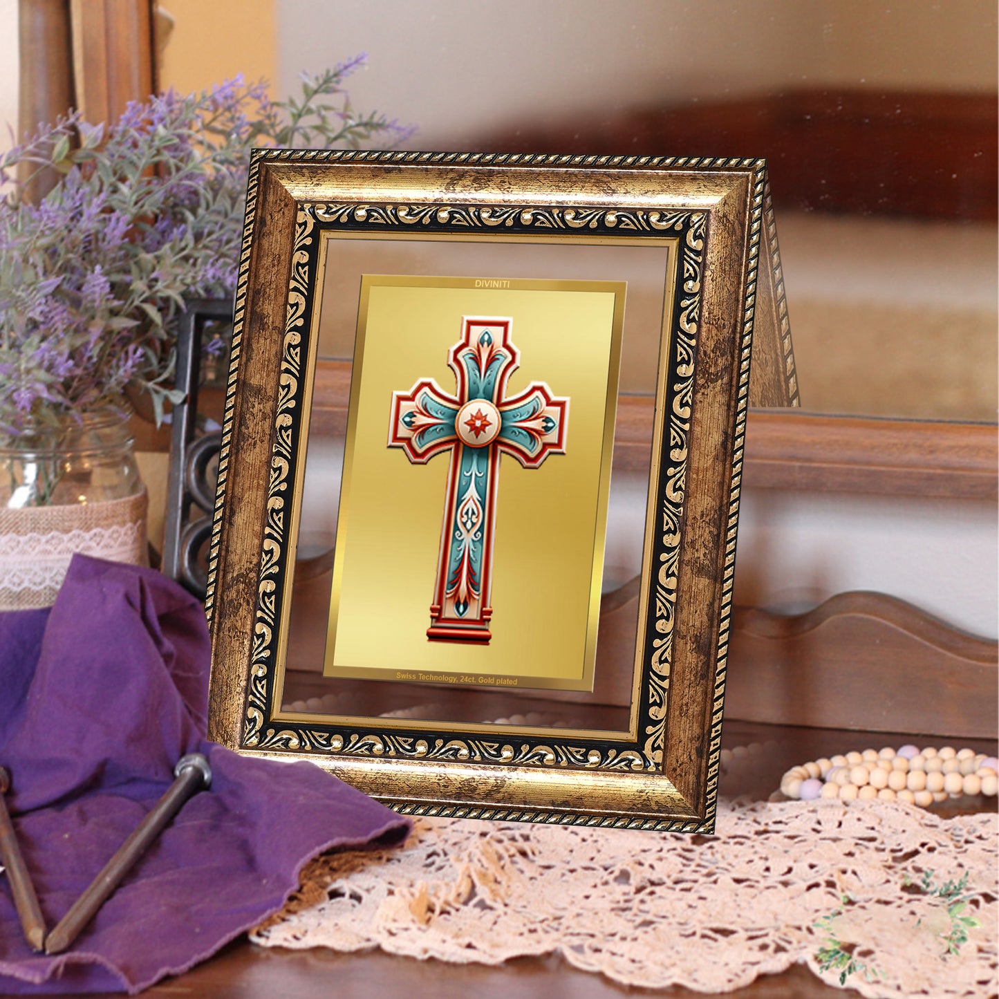 Diviniti 24K Gold Plated Holy Cross (Classic) Divine Wall and Table Top Frame for Home Mandir & Office Decor | Luxury Spiritual Gift