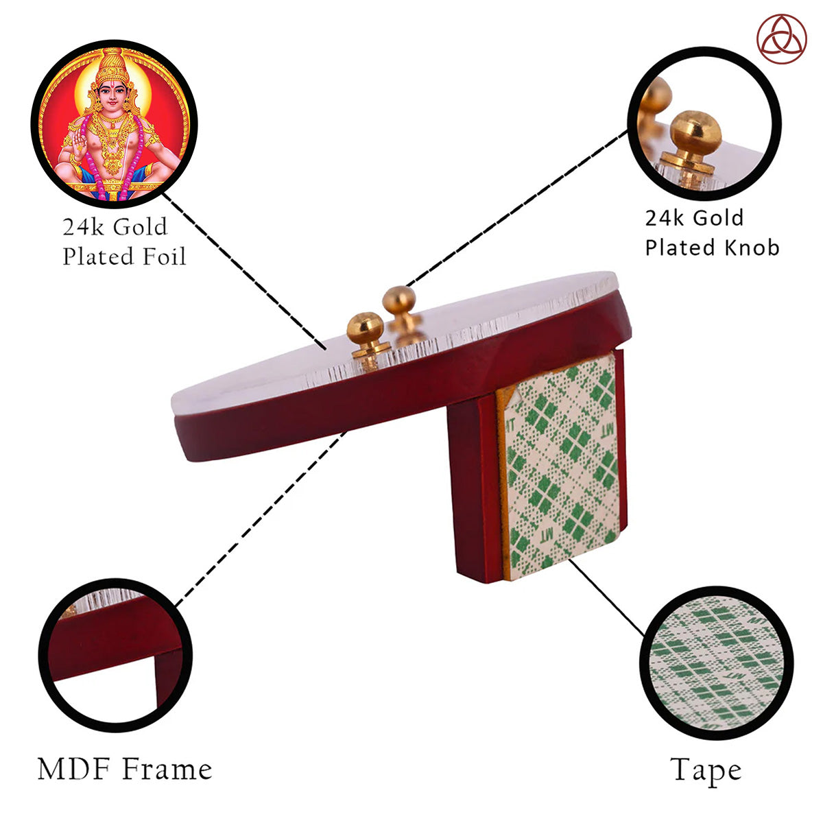 Ayyappan Car Dashboard & Tabletop Photo Frame showcasing 24K gold plated foil and intricate MDF design.