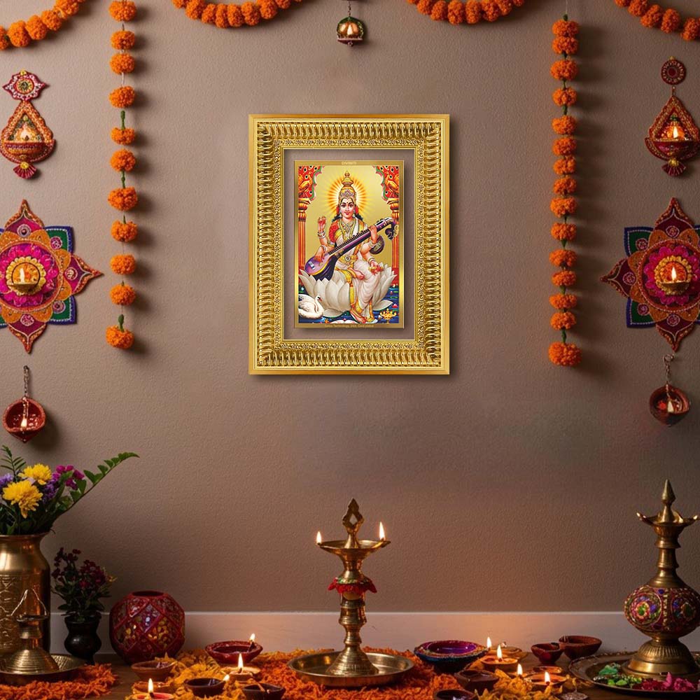 Diviniti 24K Gold Plated Saraswati Mata (Classic) Divine Wall Frame for Home Mandir & Office Decor | Luxury Spiritual Gift