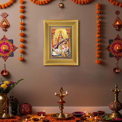 Diviniti 24K Gold Plated Saraswati Mata (Classic) Divine Wall Frame for Home Mandir & Office Decor | Luxury Spiritual Gift