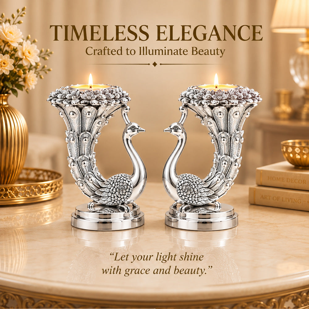 999 Silver-Plated Peacock Candle Holder Pair | Premium Gift Box | 10x8 CM