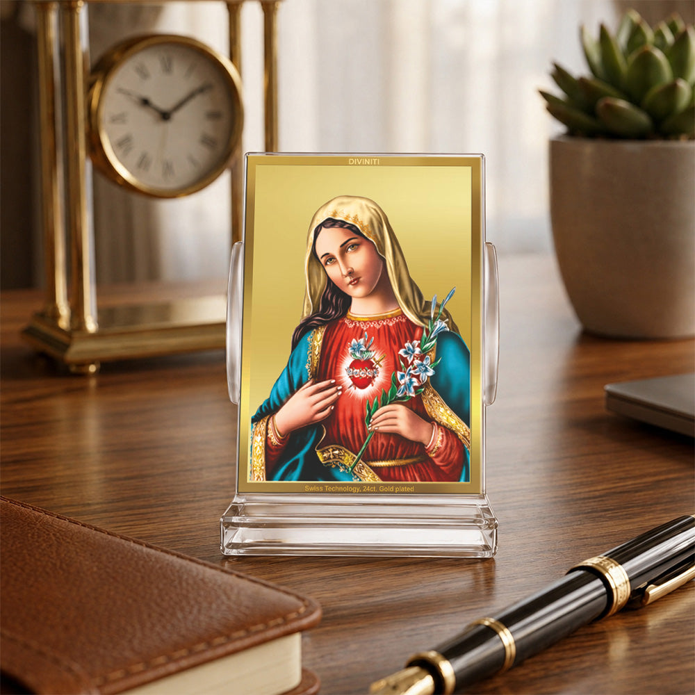 24K Gold-Plated Mother Mary Acrylic Car Dashboard Frame | 11x7 CM