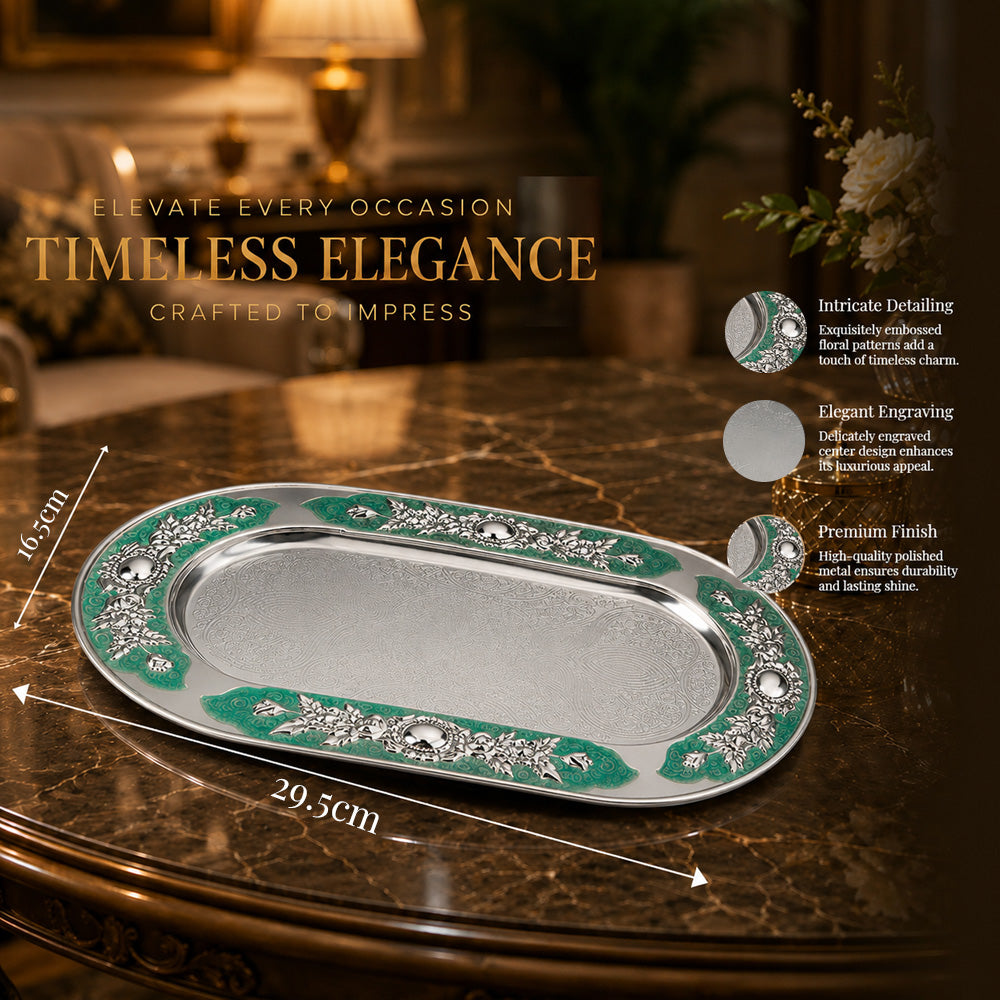Diviniti Silver-Plated MOP Decorative Tray with Turquoise Accents | Luxury Oval Serving Platter for Dry Fruits, Sweets & Premium Gifting