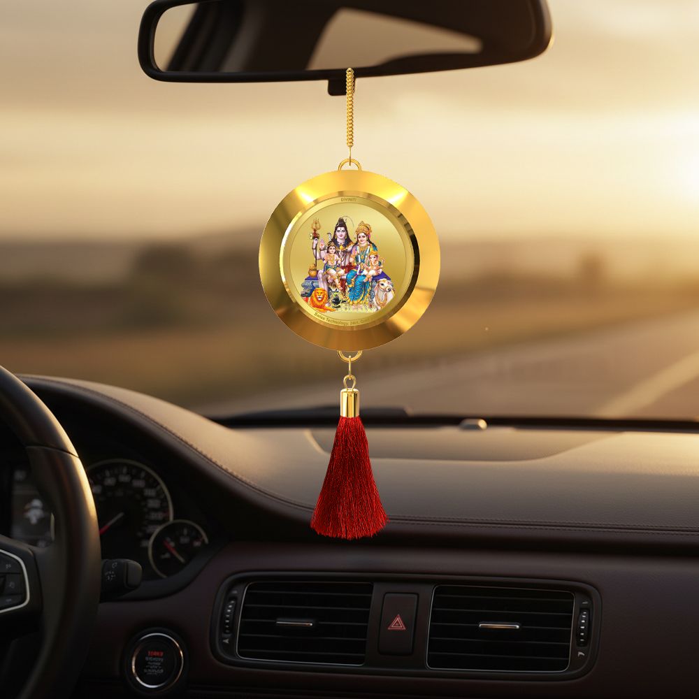 Diviniti 24K Gold Plated Double-Sided Shiv Parivar & Om Car Dangler (5.5 cm) | Divine Hanging Car Decor for Protection, Positive Energy & Spiritual Blessings