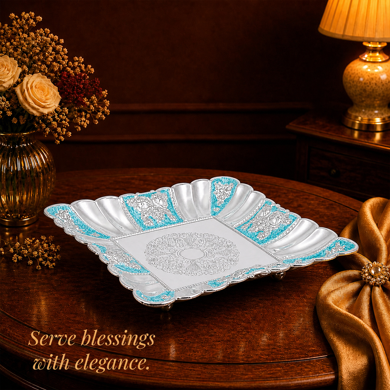 Diviniti Turquoise German Silver Decorative Platter with Luxury Gift Box