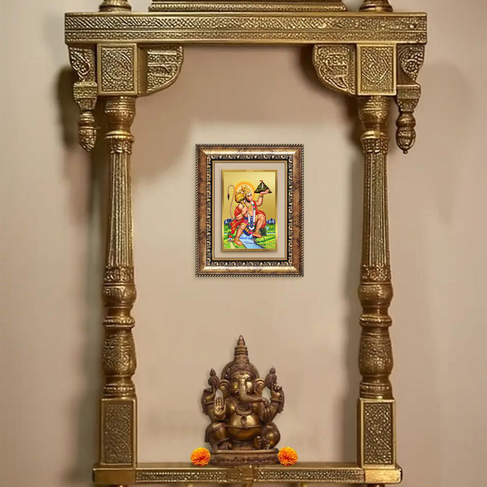 Diviniti 24K Gold Plated Hanuman With Mountain (Classic) Divine Wall and Table Top Frame for Home Mandir & Office Decor | Luxury Spiritual Gift
