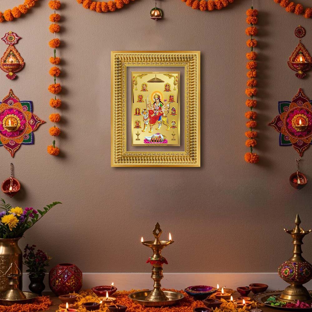 Diviniti 24K Gold Plated Nav Durga (Classic) Divine Wall Frame for Home Mandir & Office Decor | Luxury Spiritual Gift
