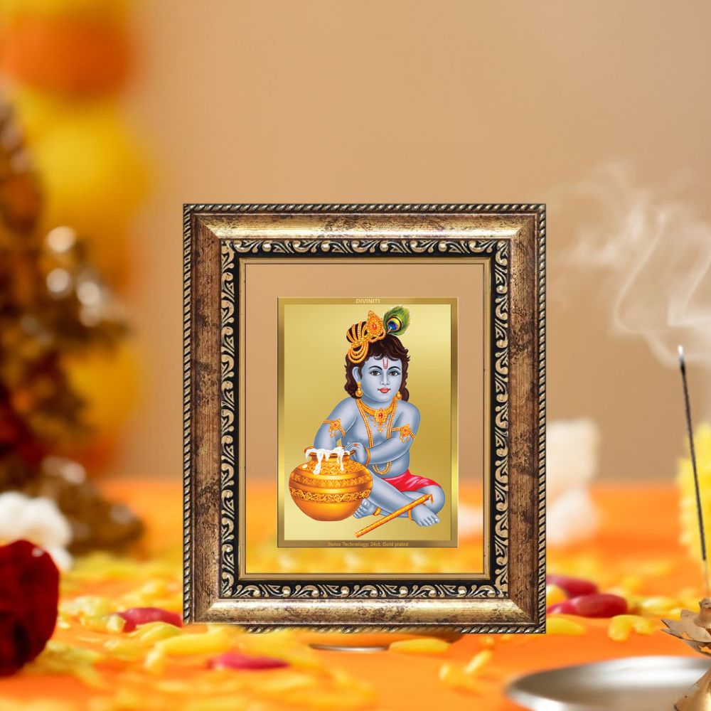 Diviniti 24K Gold Plated Bal Gopal Divine Table Top Frame for Home Mandir & Office Decor | Luxury Spiritual Gift