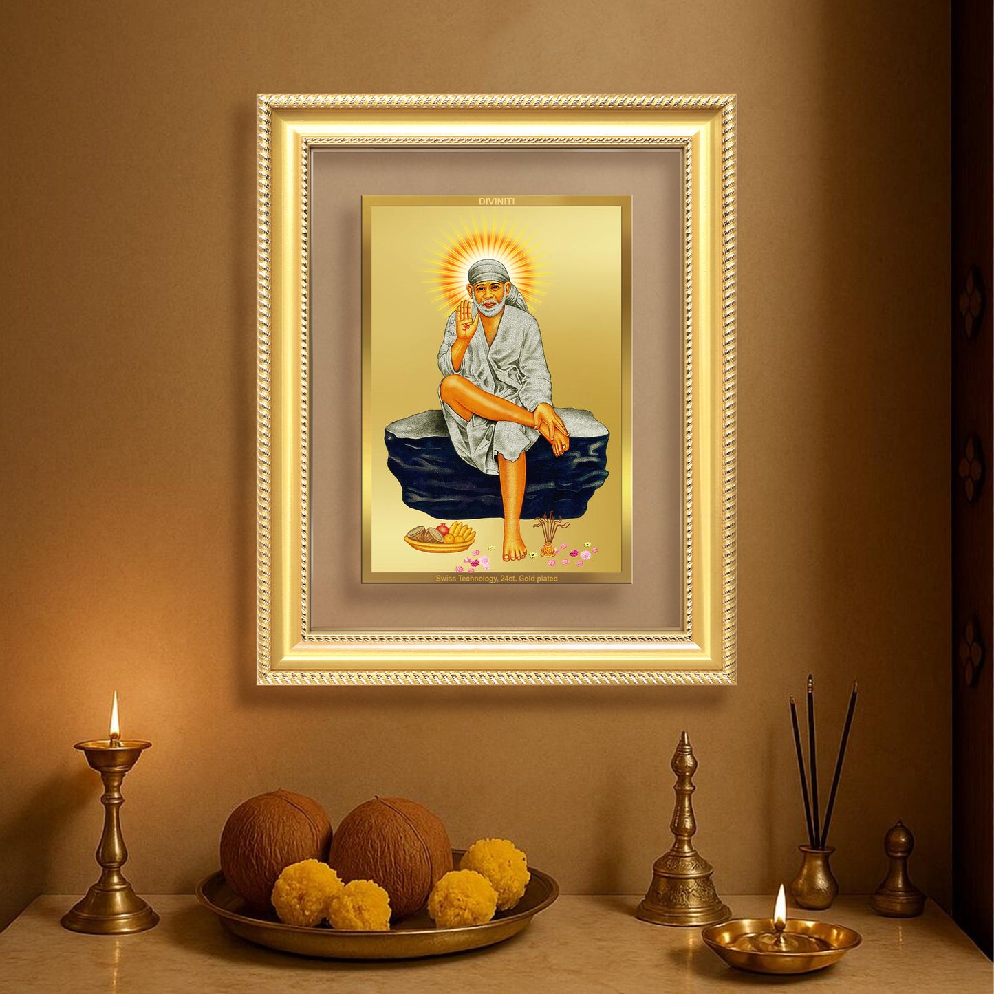Diviniti 24K Gold Plated Sai Baba (Classic) Divine Wall Frame for Home Mandir & Office Decor | Luxury Spiritual Gift