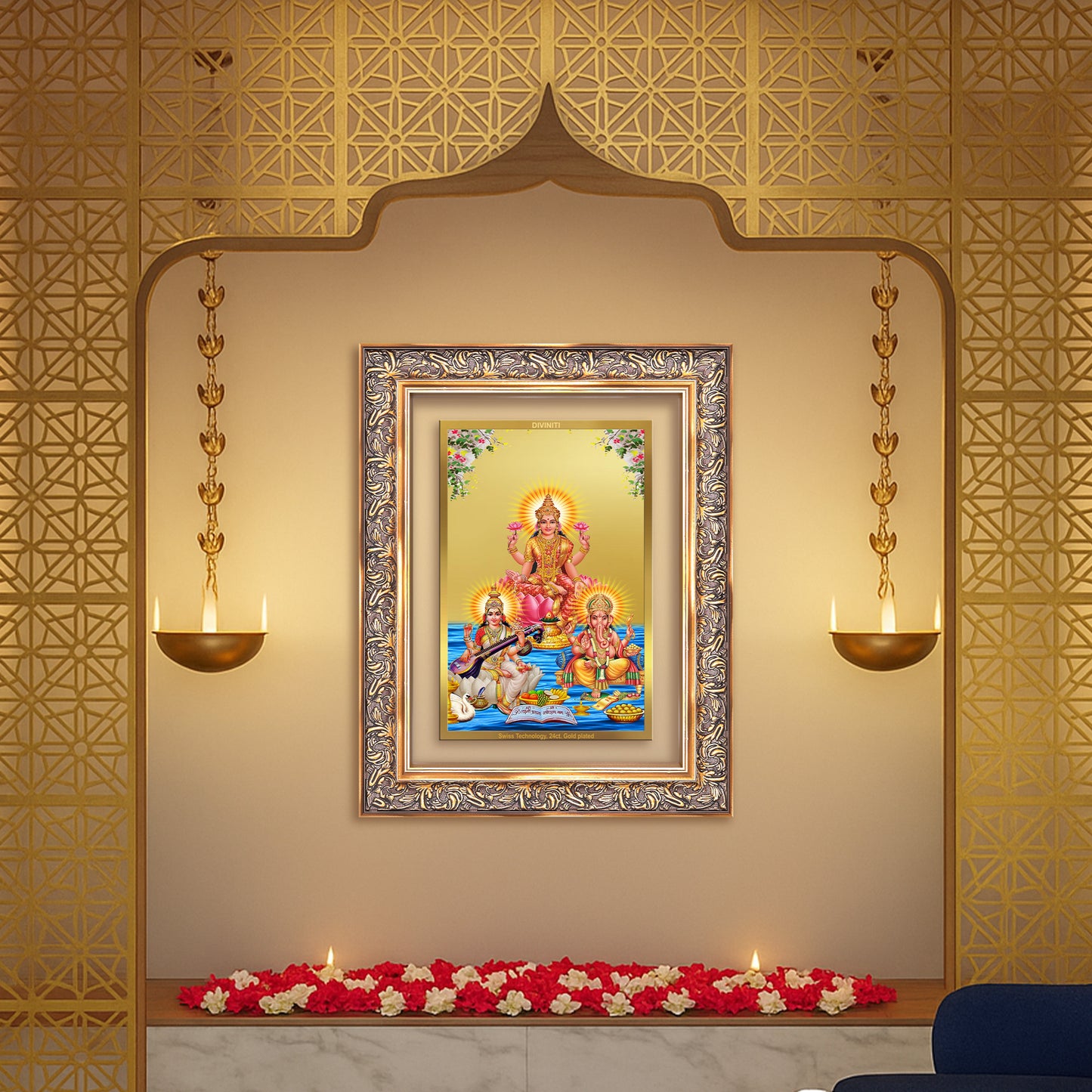 Goddess Lakshmi, Saraswati & Lord Ganesha | Divine Trio Wall Mount Photo Frame in 24K Gold Plated Foil
