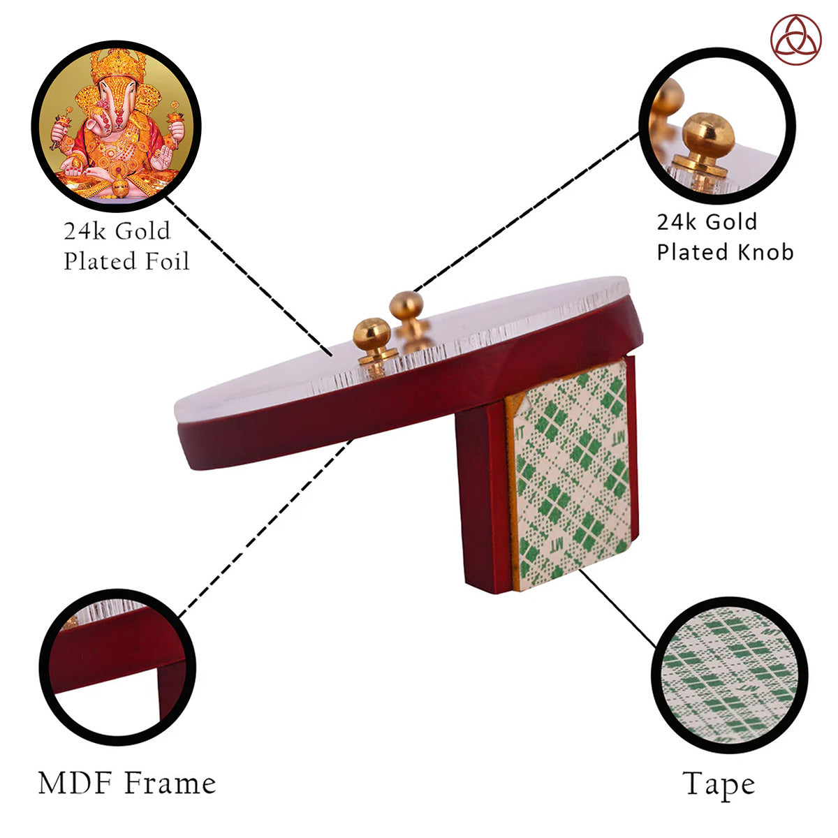 Dagdu Ganesh Car Dashboard & Tabletop Photo Frame showcasing 24K gold plated foil and intricate MDF design.
