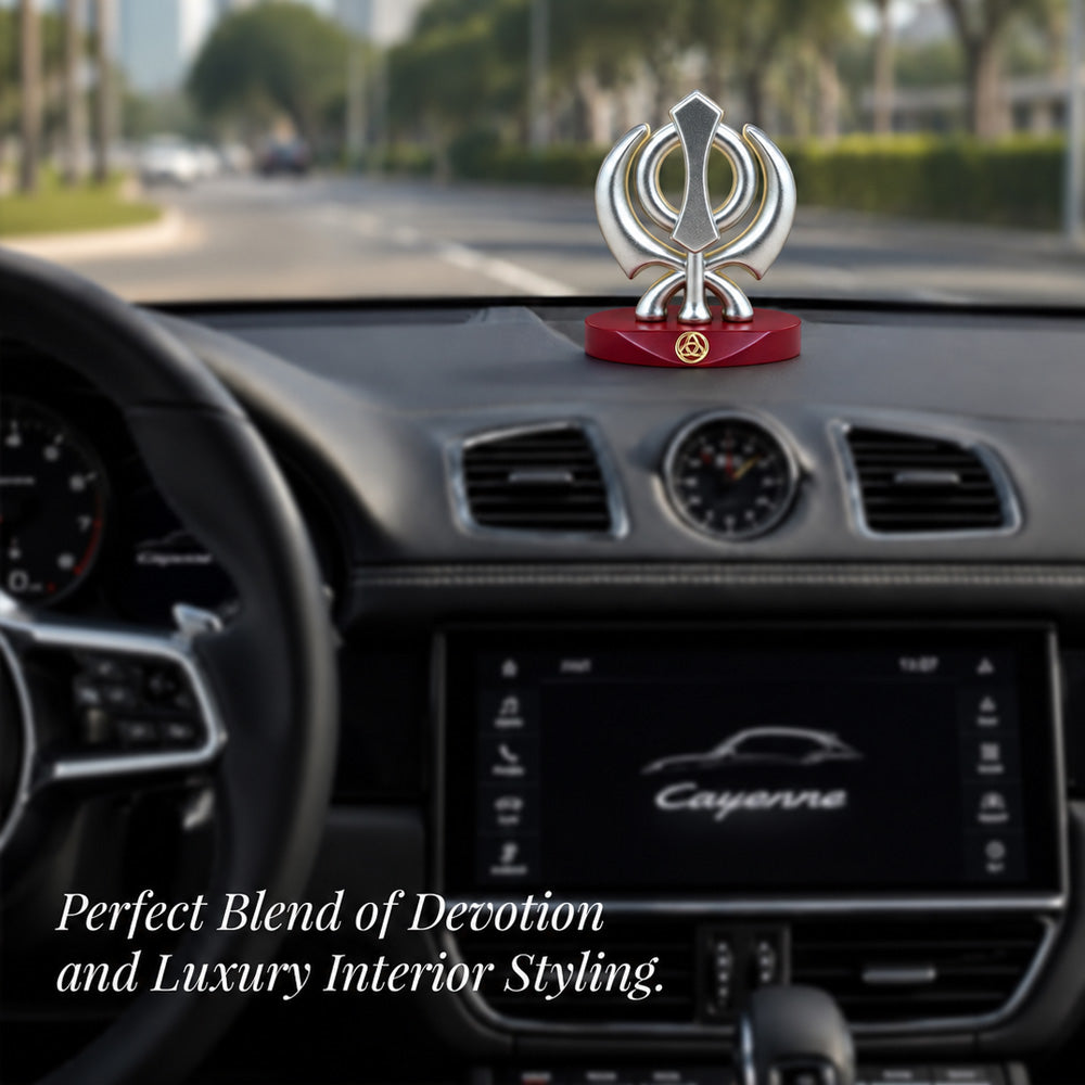 Silver-Plated Khanda Sahib Resin Idol for Car Dashboard & Home | Premium Gift Box | 7.5x5.5 CM