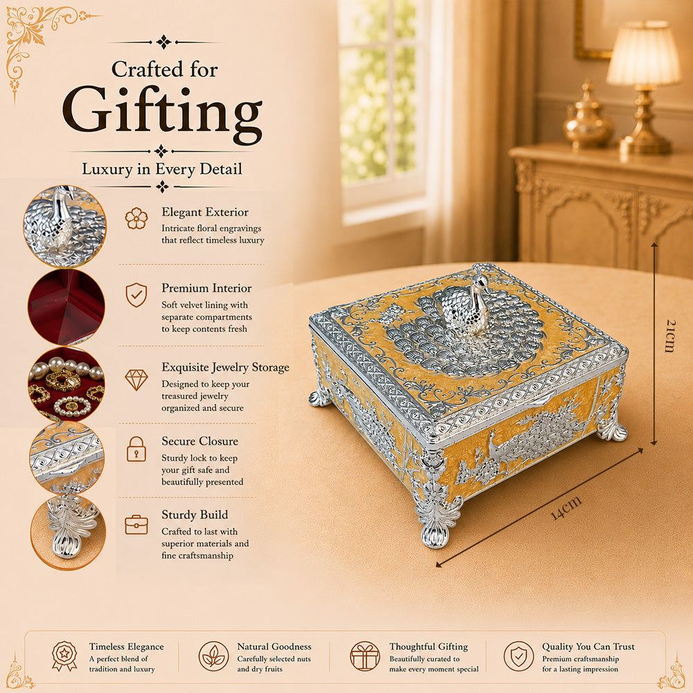Diviniti Premium German Silver 2-Part Box | Peach Enamel Dry Fruit & Sweet Box for Wedding & Festive Gifting