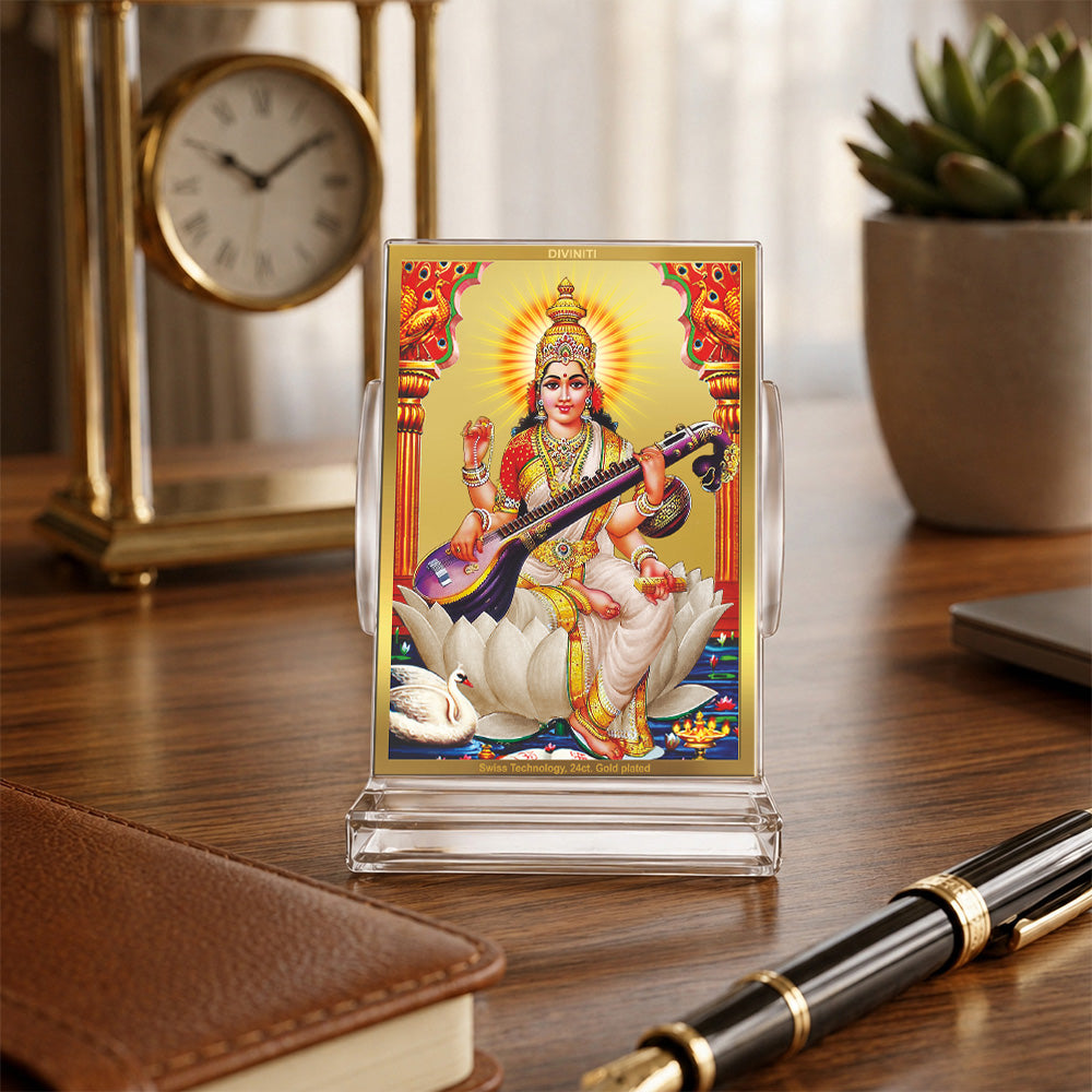 24K Gold-Plated Goddess Saraswati Acrylic Car Dashboard Frame | 11x7 CM