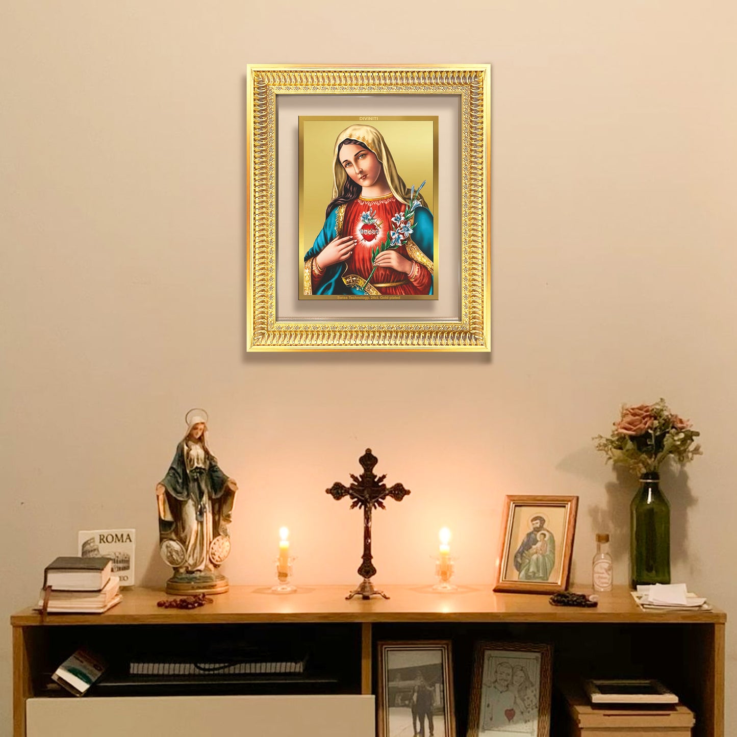 Diviniti 24K Gold Plated Mother Mary (Classic) Divine Wall Frame for Home Mandir & Office Decor | Luxury Spiritual Gift