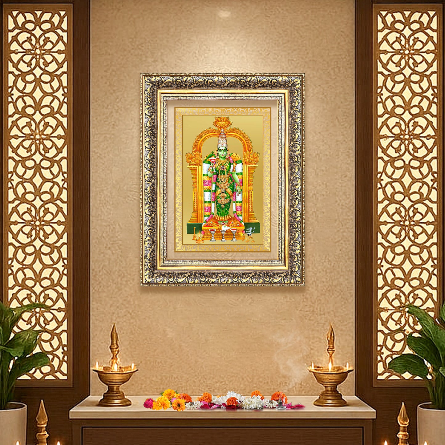 Diviniti 24K Gold Plated Meenakshi Amman (Classic) Divine Wall Frame for Home Mandir & Office Decor | Luxury Spiritual Gift