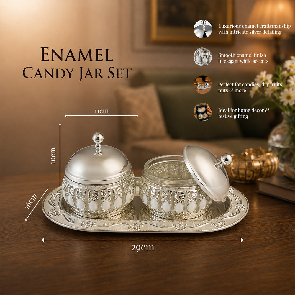 Diviniti Luxury Silver-Plated Double Bowl Serving Set | Elegant White Design with Lids & Decorative Tray