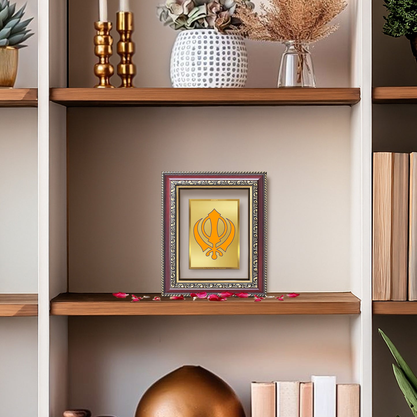 Diviniti 24K Gold Plated Khanda Sahib (Classic) Divine Table Top Frame for Home Mandir & Office Decor | Luxury Spiritual Gift