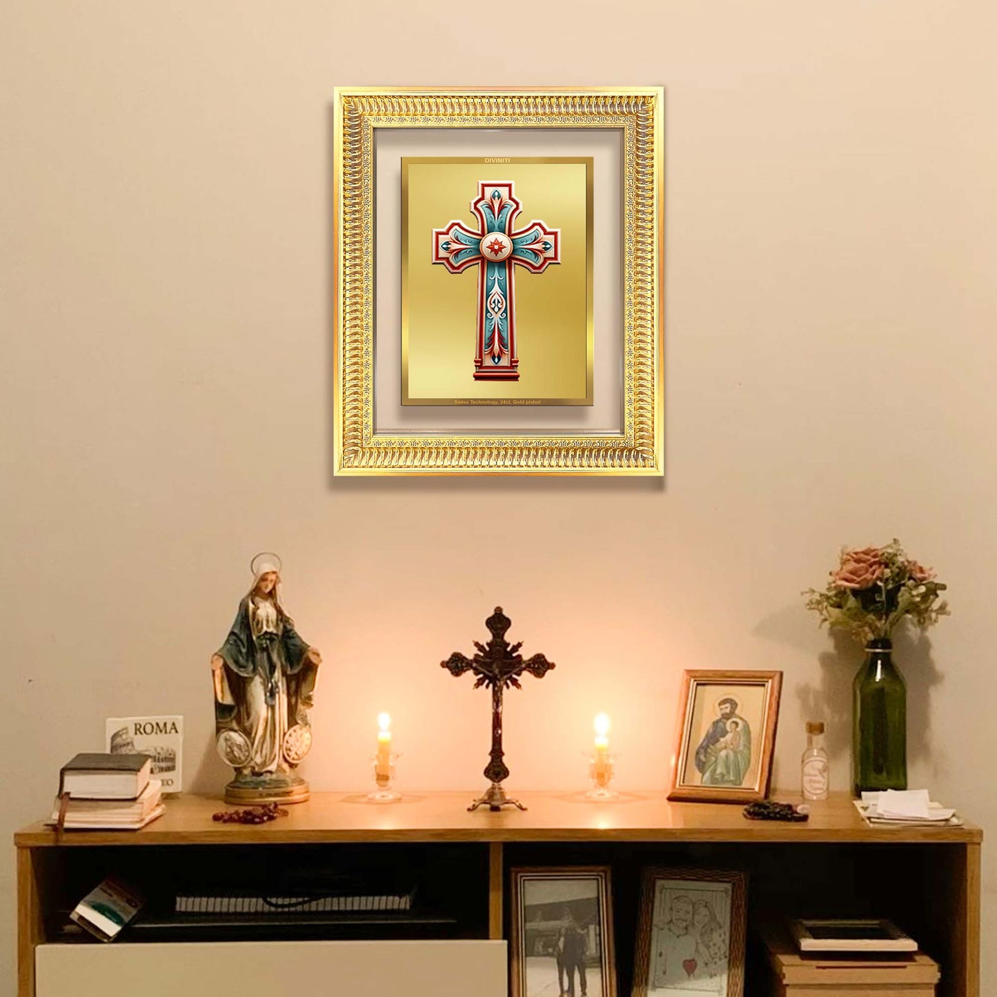 Diviniti 24K Gold Plated Holy Cross (Classic) Divine Wall Frame for Home Mandir & Office Decor | Luxury Spiritual Gift