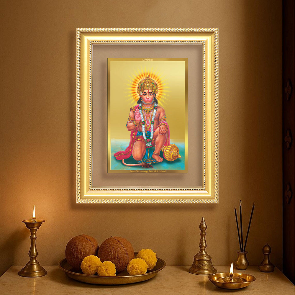Diviniti 24K Gold Plated Ashirwad Hanuman (Classic) Divine Wall Frame for Home Mandir & Office Decor | Luxury Spiritual Gift