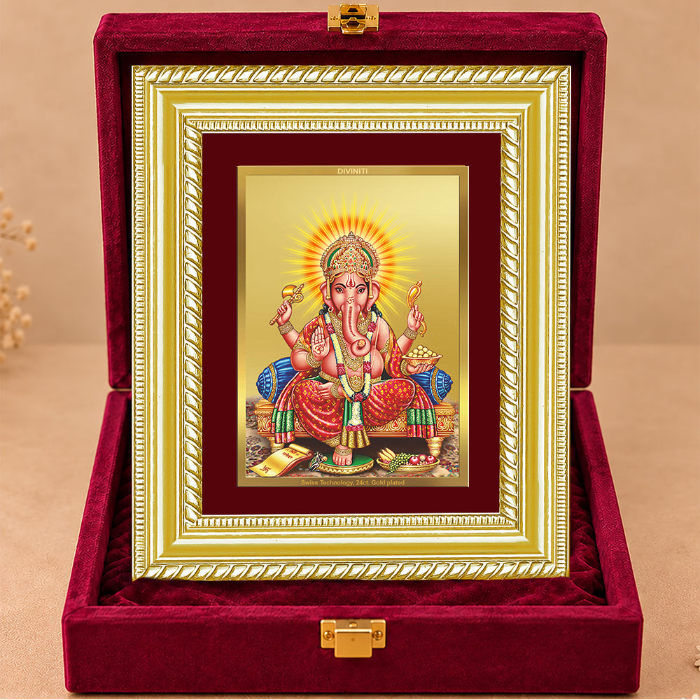 24K Gold-Plated Lord Ganesha Frame | Premium Gift Box | 21.5x17.5 CM