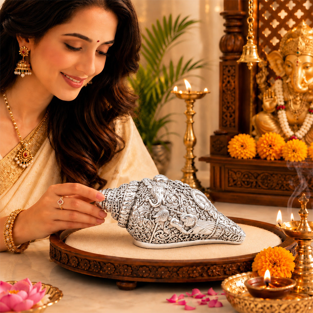 999 Silver-Plated Ganesha Shankh | Premium Gift Box | 14x8 CM