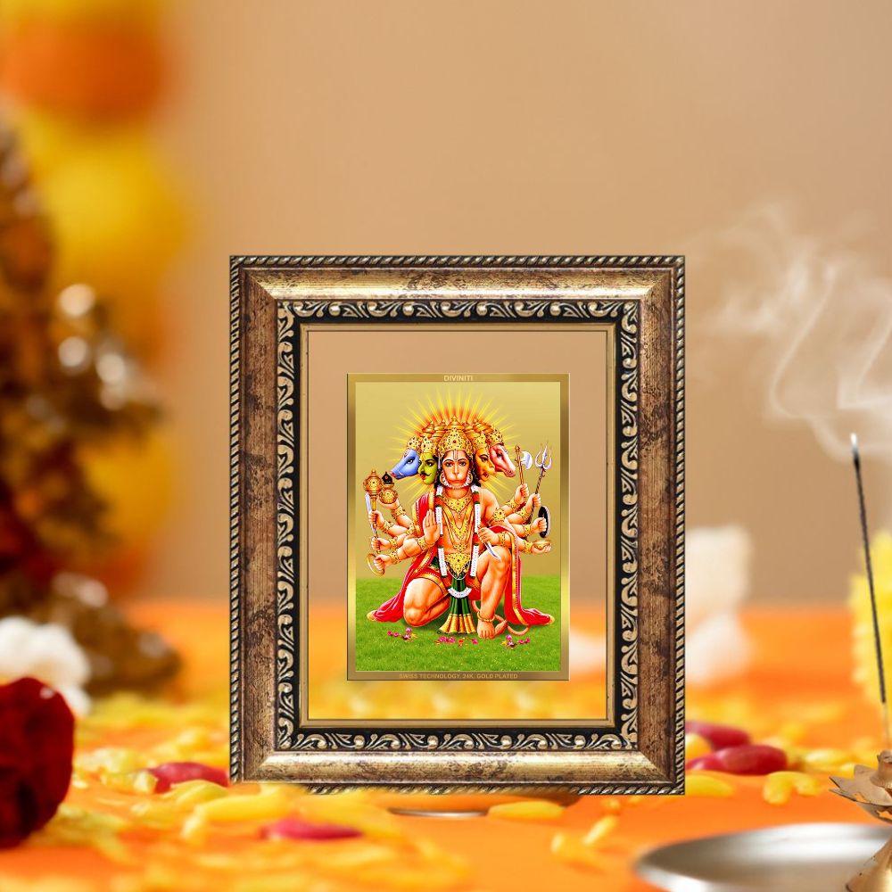 Diviniti 24K Gold Plated Panchmukhi Hanuman Divine Table Top Frame for Home Mandir & Office Decor | Luxury Spiritual Gift