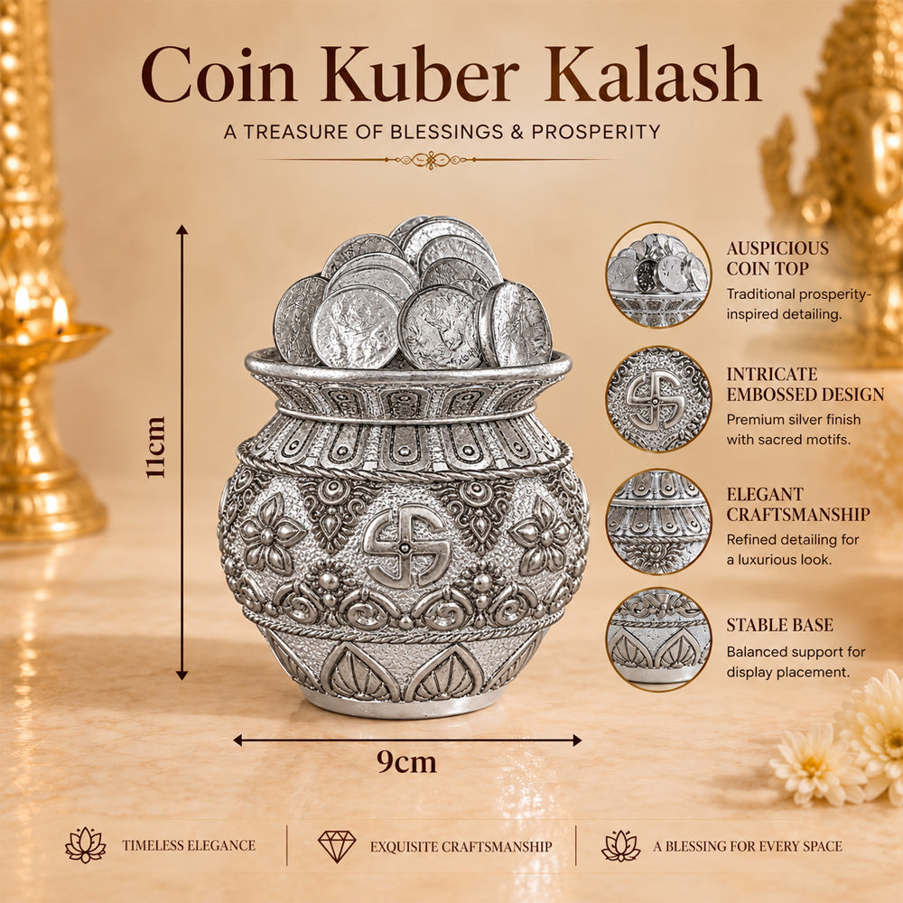 999 Silver-Plated Antique Lakshmi Coin Kalash | Premium Gift Box | 11x9 CM