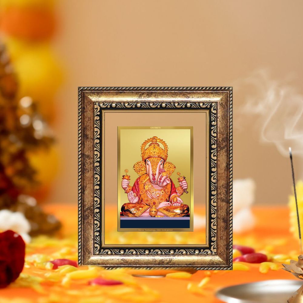 Diviniti 24K Gold Plated Dagadu Ganesha Divine Table Top Frame for Home Mandir & Office Decor | Luxury Spiritual Gift
