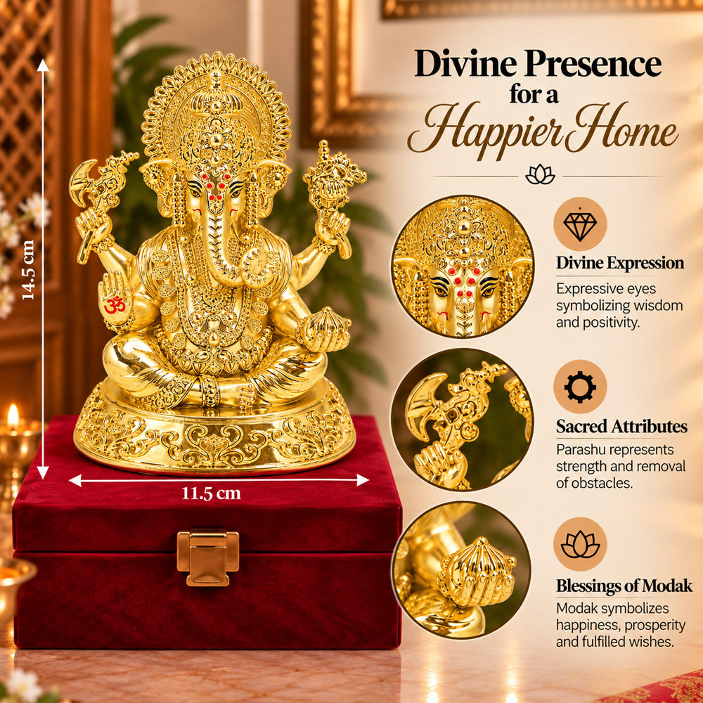 24K Gold-Plated Lord Ganesha Idol | Premium Gift Box | 14.5x11.5 CM