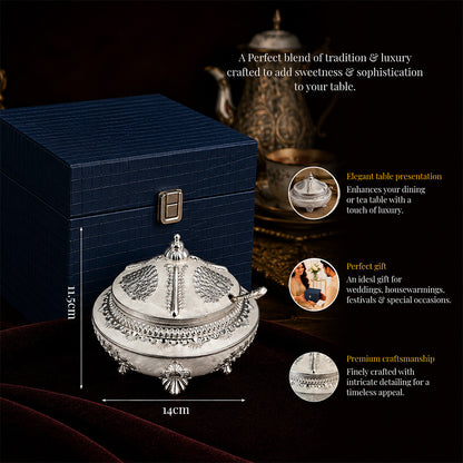 Diviniti Premium Silver-Plated Decorative Sugar Pot | White Enamel Lidded Bowl for Festive Serving & Home Décor