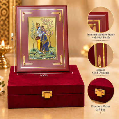 24K Gold-Plated Radha Krishna & Peacock MDF Frame | Premium Gift Box | 26x20 CM