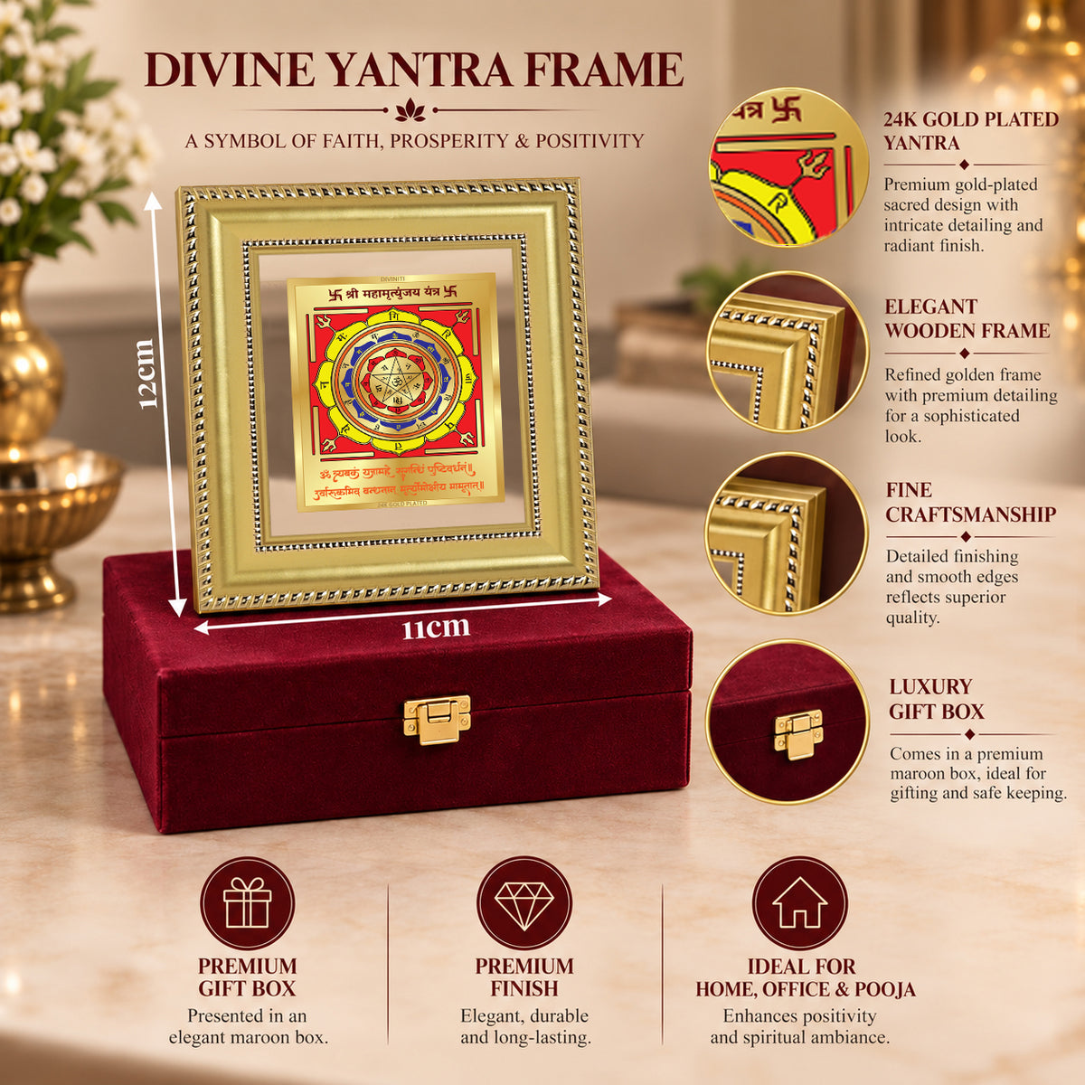 24K Gold-Plated Maha Mrityunjaya Yantra Frame | Premium Gift Box | 12x11 CM