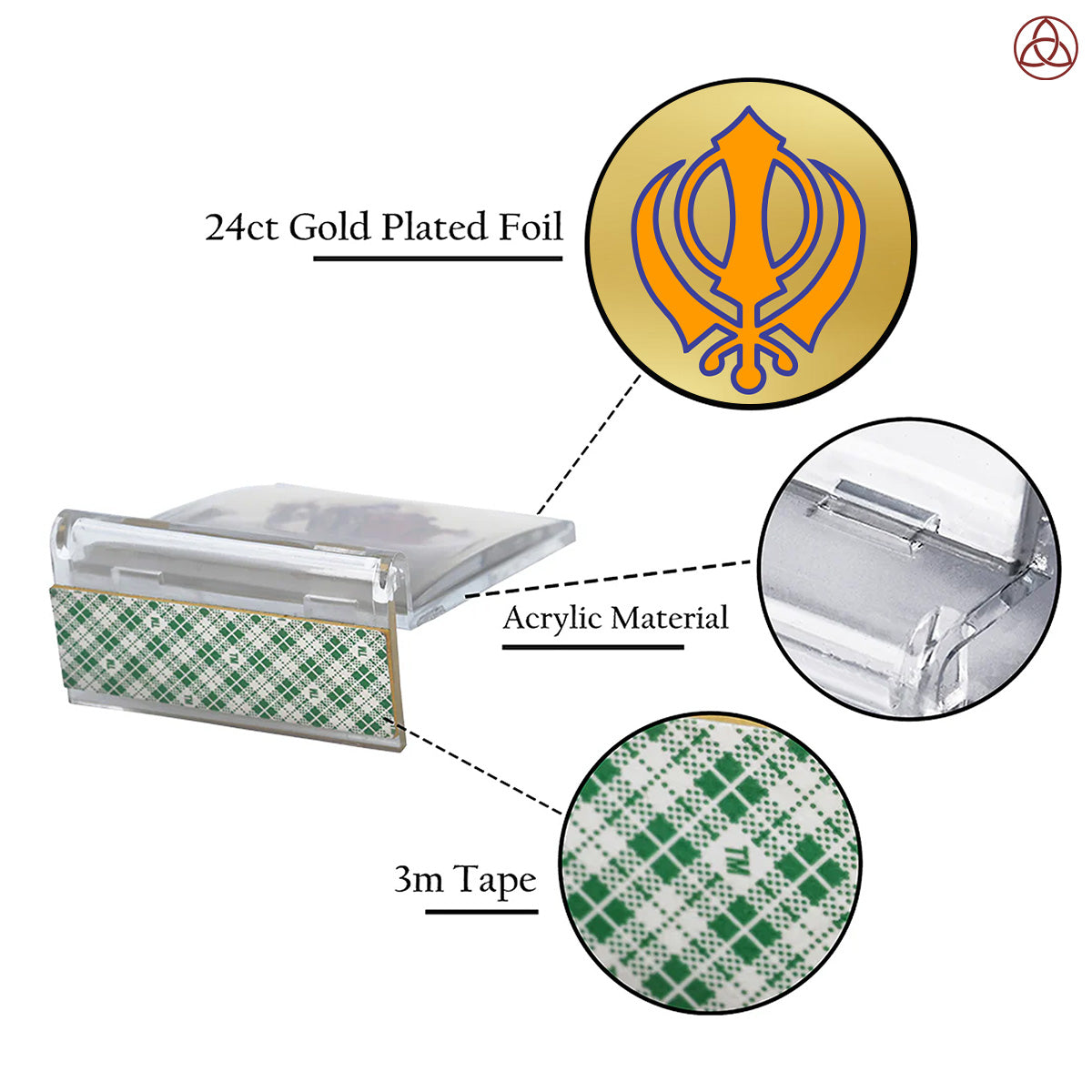 Khanda Sahib | Divine Sikh Khanda Car Dashboard & Tabletop Photo Frame in 24K Gold Plated Foil