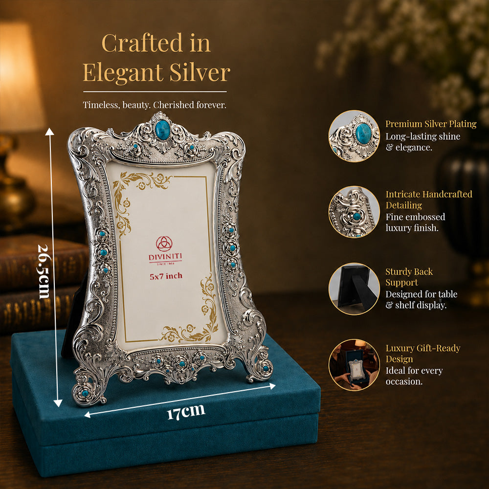 Diviniti Antique Silver-Plated Ornate Photo Frame with Turquoise Stone Accents | Luxury Vintage Tabletop Picture Frame | 5 x 7 Inch
