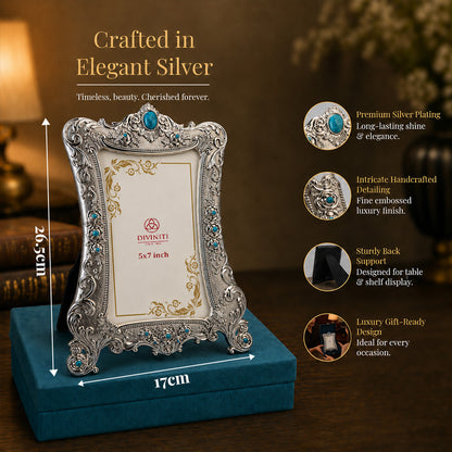 Diviniti Antique Silver-Plated Ornate Photo Frame with Turquoise Stone Accents | Luxury Vintage Tabletop Picture Frame | 5 x 7 Inch